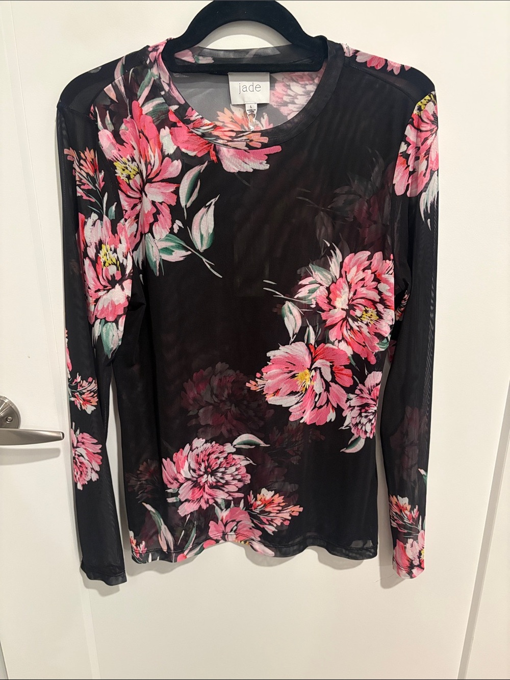 Jade Black Mesh Long-Sleeve Top with Pink Floral Print